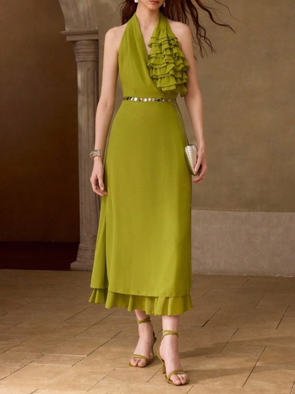 Chartreuse Green-Yellow Chiffon Ruffled Halter Neck Tiered Hem Maxi Dress
